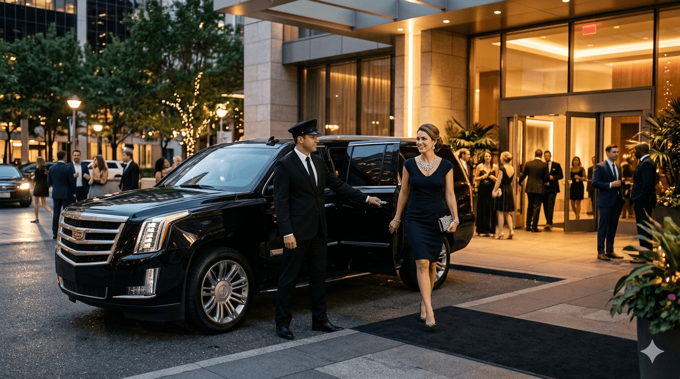 Professional chauffeur opening luxury vehicle door for elegant client